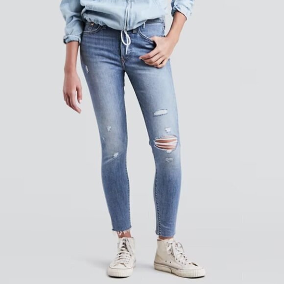 Levi's Wedgie Skinny Button Fly Raw Hem Distressed Jean Blue Spice 25 - Picture 1 of 14